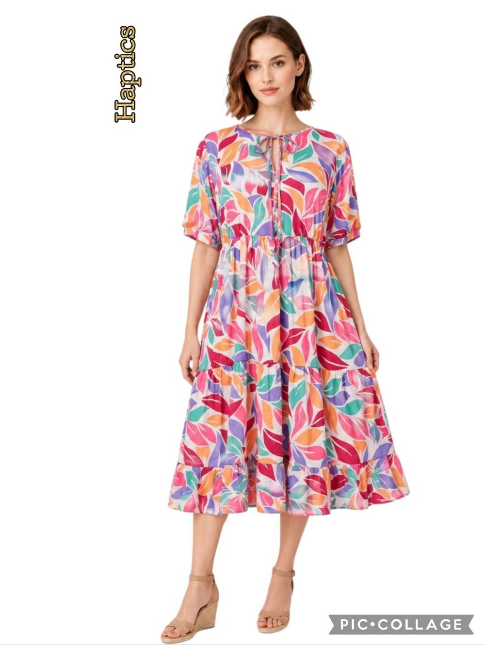 Haptics dress tiered in multi color leaf print keyhole tie front puff sleeves